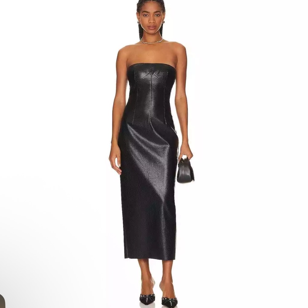 SAYLOR Maren Strapless Midi Dress Croc Embossed Faux Leather Black Size S NWT